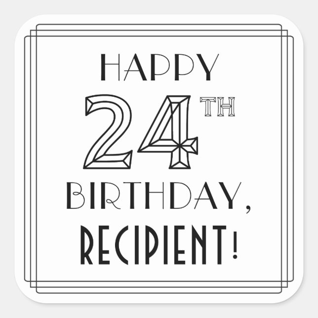 Adesivo Quadrado FELIZ ANIVERSÁRIO, Estilo de Deco de Arte, Nome Pe (Frente)