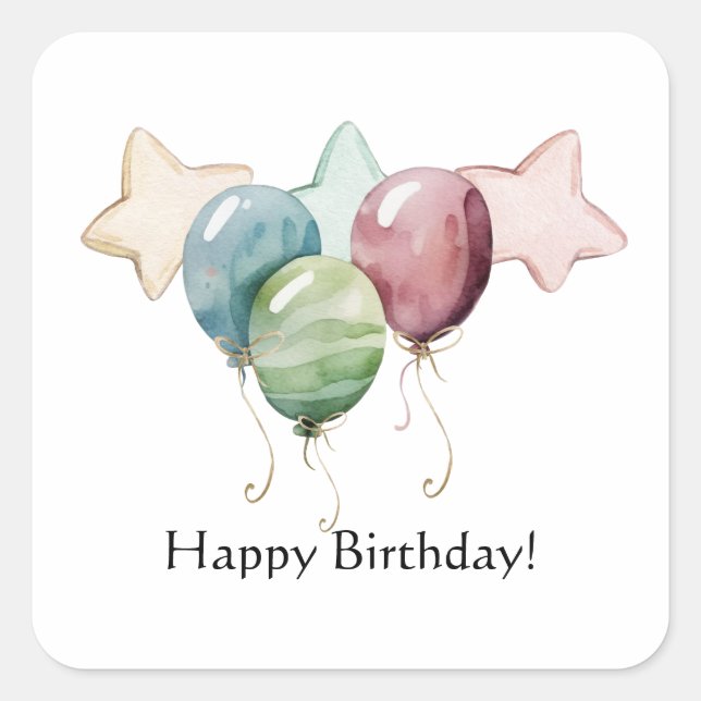 Adesivo Quadrado Feliz Aniversário Estrelas e Balões (Frente)