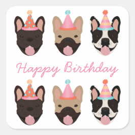 Adesivo Quadrado Feliz aniversário Festa de Buldogue Francês, que é