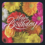 Adesivo Quadrado Feliz Aniversário Flores de Primavera Coloridas Vi<br><div class="desc">Feliz Aniversário nome personalizado flores de primavera, pétalas azuis, vermelhas, amarelas, verdes e roxas.</div>