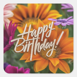 Adesivo Quadrado Feliz Aniversário Flores de Primavera Coloridas Vi