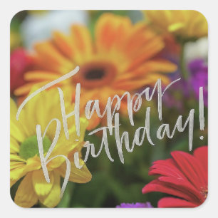 Adesivo Quadrado Feliz Aniversário Flores de Primavera Vibrantes Co
