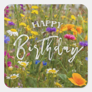 Adesivo Quadrado Feliz Aniversário Flores de Primavera Vibrantes e 