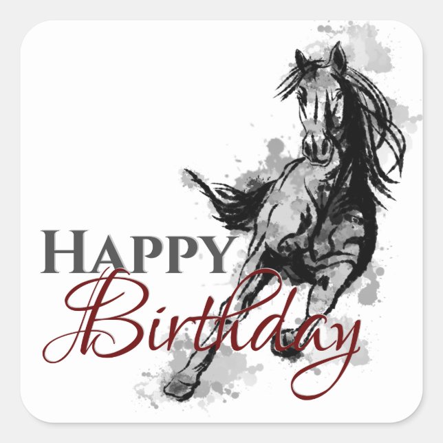 Adesivo Quadrado Feliz Aniversário Galloping Horse Sketch (Frente)