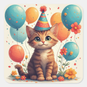 Adesivo Quadrado Feliz Aniversário Gatinho Com Balões De Festa E Di