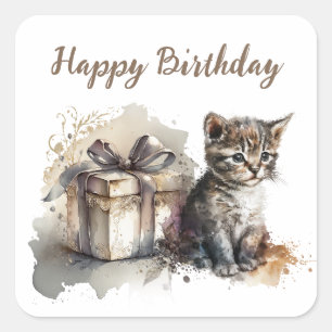 Adesivo Quadrado Feliz aniversário   Gatinhos e presentes de Cinza