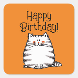 Adesivo Quadrado Feliz aniversário! (gato gordo)