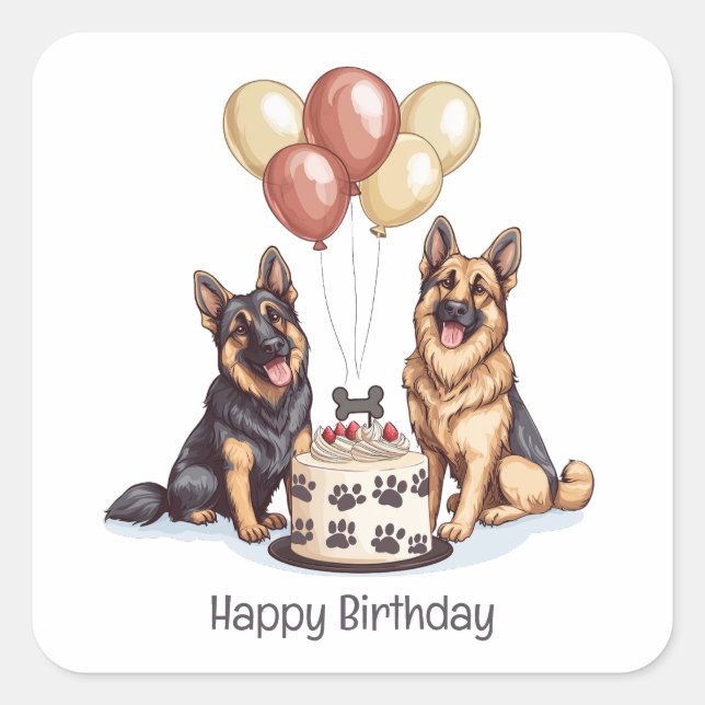 Adesivo Quadrado Feliz aniversário German shepherd Cães Bolo de Ani (Frente)