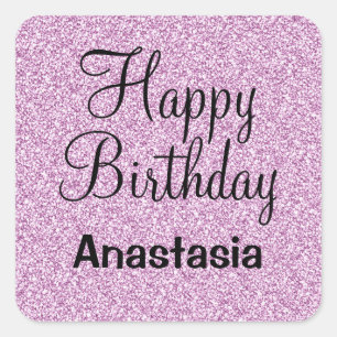 Adesivo Quadrado Feliz Aniversário Glam Glitter Roxo Nome