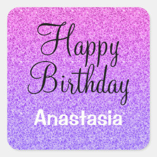 Adesivo Quadrado Feliz Aniversário Glam Glitter Roxo Ombre Brilhos