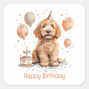 Adesivo Quadrado Feliz aniversário Goldendoodle Cachorro de Anivers