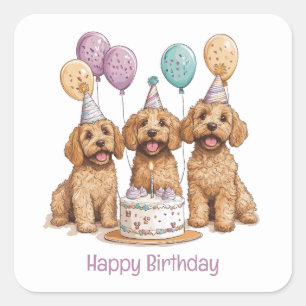 Adesivo Quadrado Feliz aniversário Goldendoodle Cães Bolo de Aniver