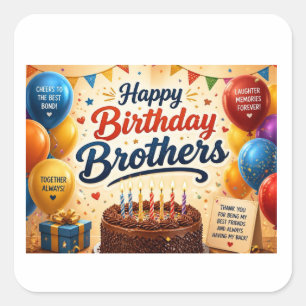 Adesivo Quadrado Feliz Aniversário Irmãos Balões Bolo de Celebração