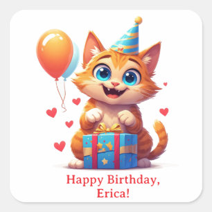 Adesivo Quadrado Feliz Aniversário Kitty Com Chapéu de Festa 🐱