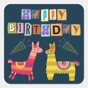 Adesivo Quadrado Feliz aniversário Llama Retro Letras de Papel