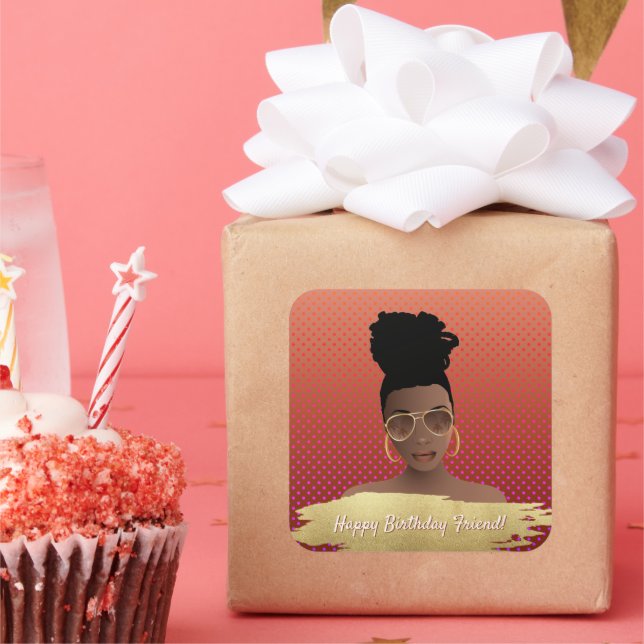 Adesivo Quadrado Feliz aniversário! Mulher Negra com Cobre Dourado (Festa)