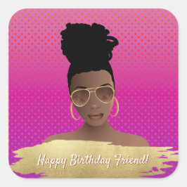 Adesivo Quadrado Feliz aniversário! Mulher Negra com Manteiga Doura