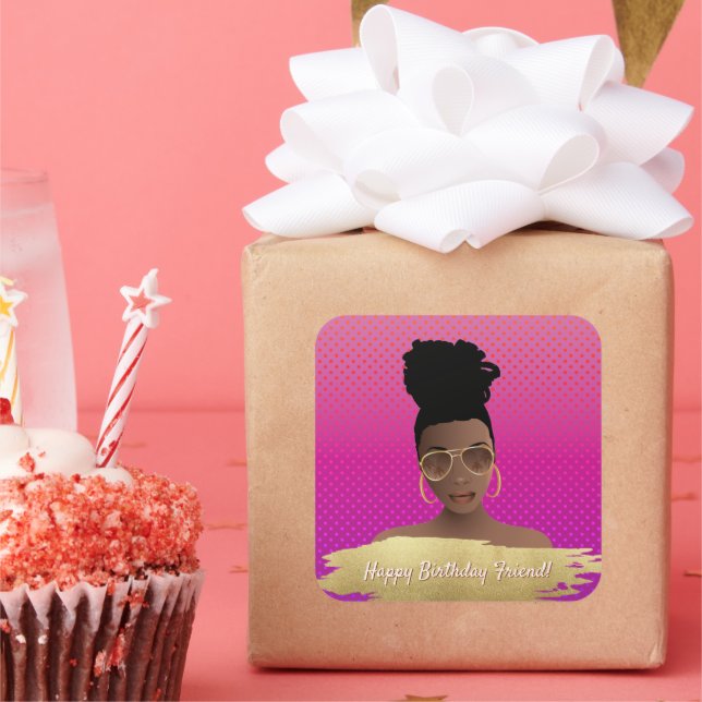 Adesivo Quadrado Feliz aniversário! Mulher Negra com Manteiga Doura (Festa)