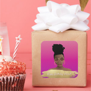 Adesivo Quadrado Feliz aniversário! Mulher Negra com Manteiga Doura