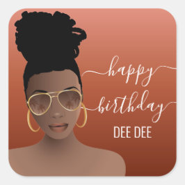 Adesivo Quadrado Feliz Aniversário Mulher Negra Dourada Maçã
