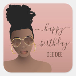 Adesivo Quadrado Feliz Aniversário, Mulher Negra Dourada, Rosa Blus