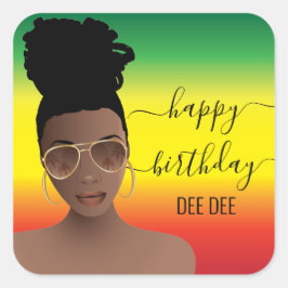 Adesivo Quadrado Feliz Aniversário Mulher Negra Dourada Soma