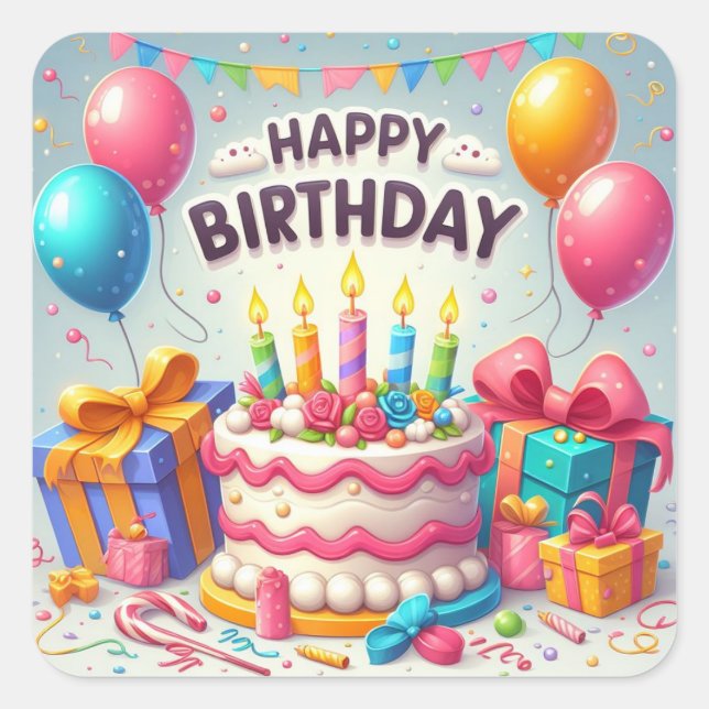 Adesivo Quadrado Feliz Aniversário para Crianças - Bolo Colorido de (Frente)