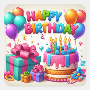 Adesivo Quadrado Feliz Aniversário para Crianças - Bolo Colorido de