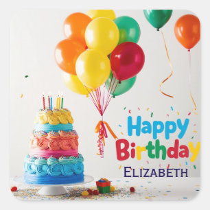 Adesivo Quadrado Feliz Aniversário para Crianças - Bolo de Balões C
