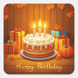 Adesivo Quadrado Feliz Aniversário para Crianças - Bolo de Presente