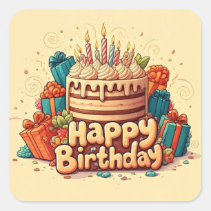 Adesivo Quadrado Feliz Aniversário para Crianças - Bolo de Presente