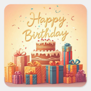 Adesivo Quadrado Feliz Aniversário para Crianças - Bolo de Presente