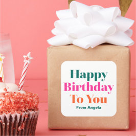 Adesivo Quadrado Feliz aniversário para você Tipografia Colorida