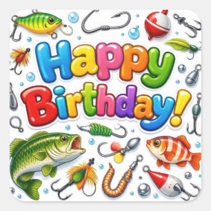 Adesivo Quadrado Feliz Aniversário Peixes, Iscas e Anzóis