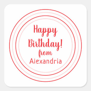 Adesivo Quadrado Feliz Aniversário Personalizado em Vermelho e Rosa