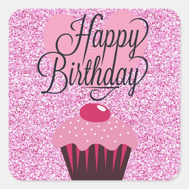 Adesivo Quadrado Feliz Aniversário Pink Gliter Cupcake Stickers (Frente)