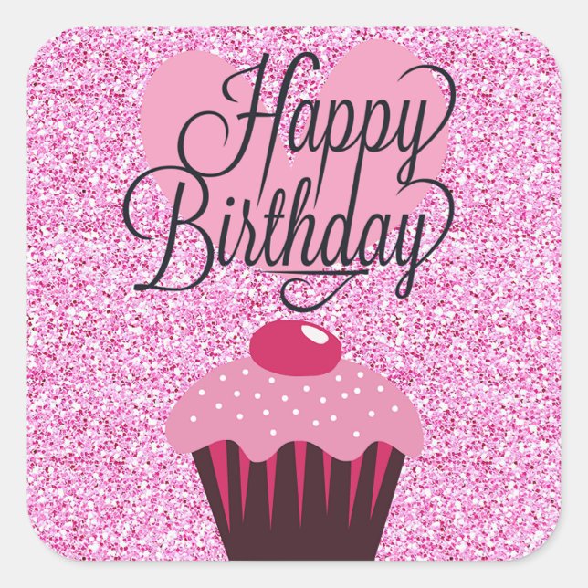 Adesivo Quadrado Feliz Aniversário Pink Gliter Cupcake Stickers (Frente)