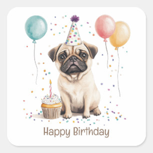 Adesivo Quadrado Feliz Aniversário Pug Cachorro
