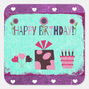 Adesivo Quadrado Feliz Aniversário Púrpura Bastão de Bolo