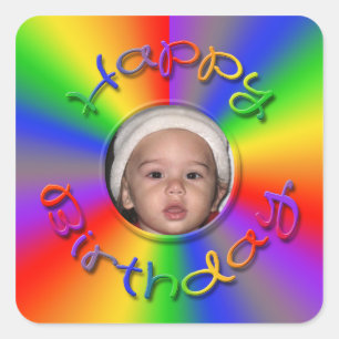 Adesivo Quadrado Feliz aniversário Rainbow Photo Stickers Modelo