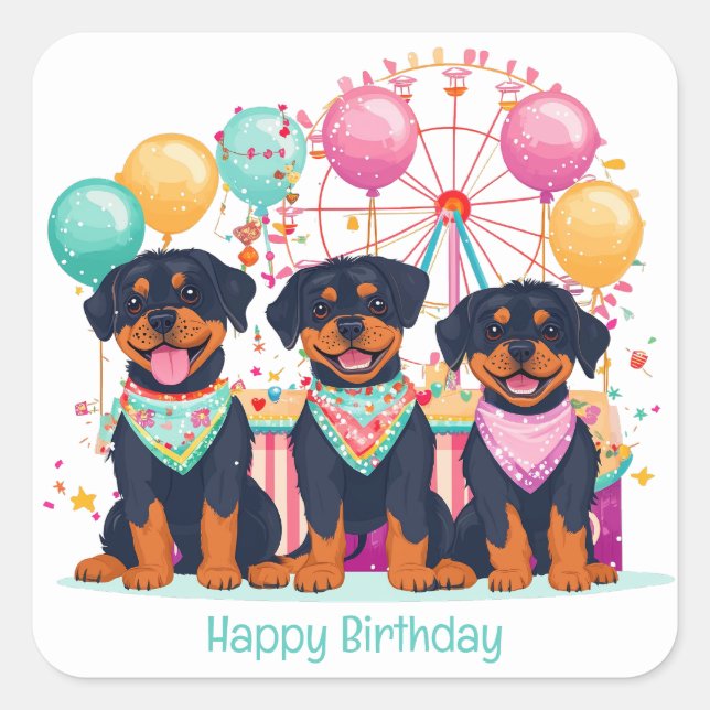 Adesivo Quadrado Feliz Aniversário Rottweiler Cachorros Em Um Carna (Frente)