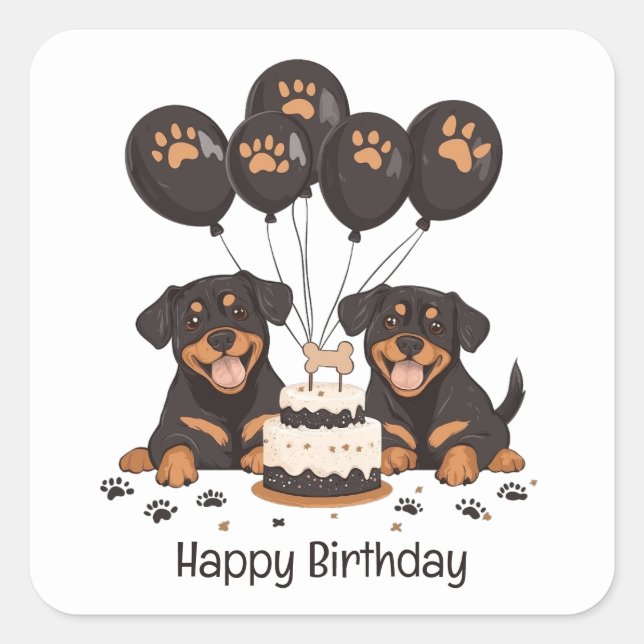 Adesivo Quadrado Feliz Aniversário Rottweiler Cães (Frente)