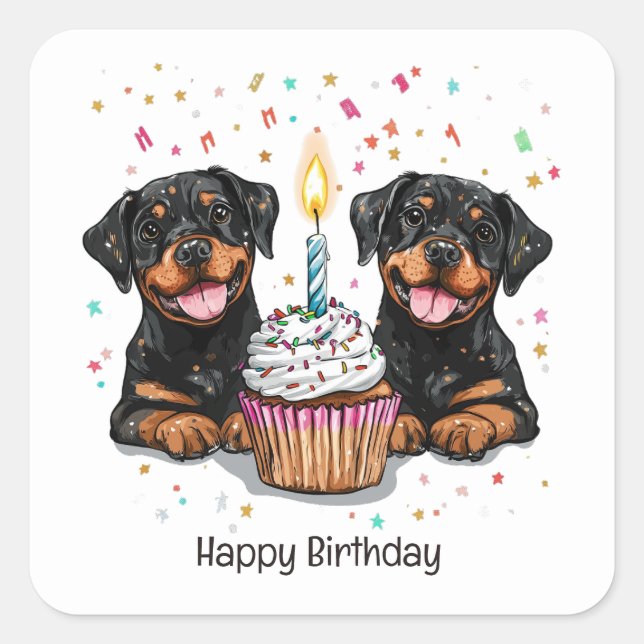 Adesivo Quadrado Feliz Aniversário Rottweiler Cães (Frente)