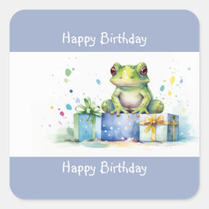 Adesivo Quadrado Feliz Aniversário Sapo Verde Fofo com presentes em