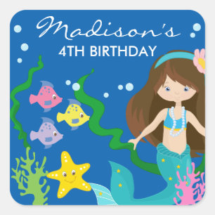 Adesivo Quadrado Feliz Aniversário Sereia   Sob O Mar