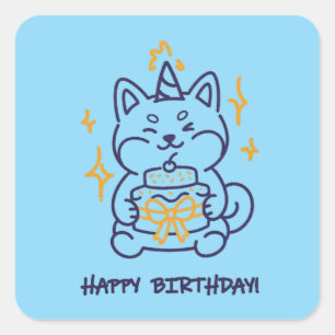 Adesivo Quadrado Feliz Aniversário Shiba Inu Arte de Cachorro Retro