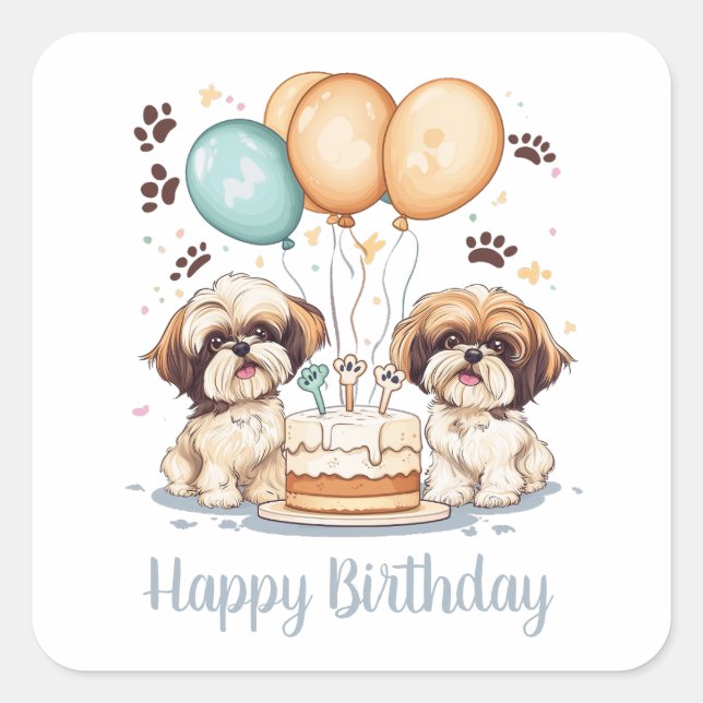 Adesivo Quadrado Feliz Aniversário Shih Tzu Cães Bolo de Aniversári (Frente)