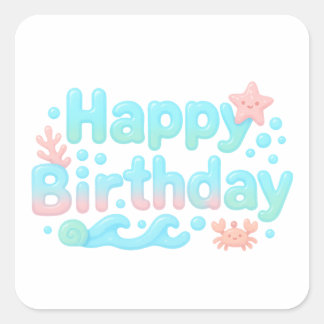 Adesivo Quadrado Feliz Aniversário Texto Pastel Oceano Brilhante