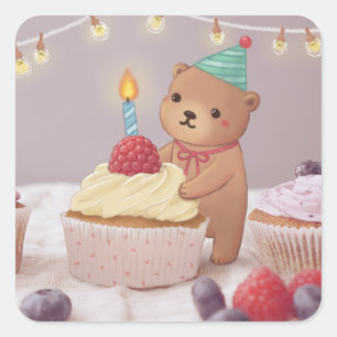 Adesivo Quadrado Feliz Aniversário: Urso de Pelúcia & Cupcakes