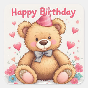 Adesivo Quadrado Feliz Aniversário Urso Teddy Fofo com Corações Ros